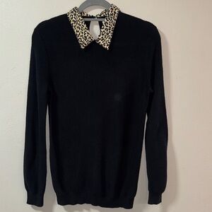 J. Crew Black V-Neck Sweater with Leopard Print Collar winter knit Small 6093